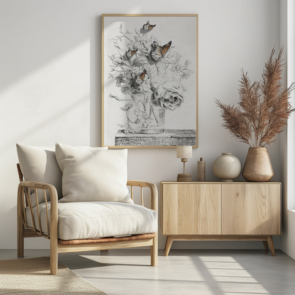 Die Schmetterlinge und die Vase mit Blumen | Poster