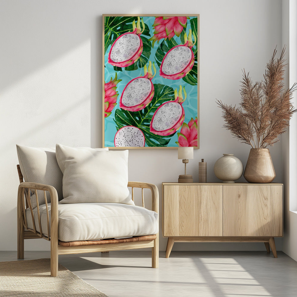 Lebendiges ästhetisches Muster aus Drachenfrucht und Monstera-Blättern – Exotisches tropisches Aquarell | Poster