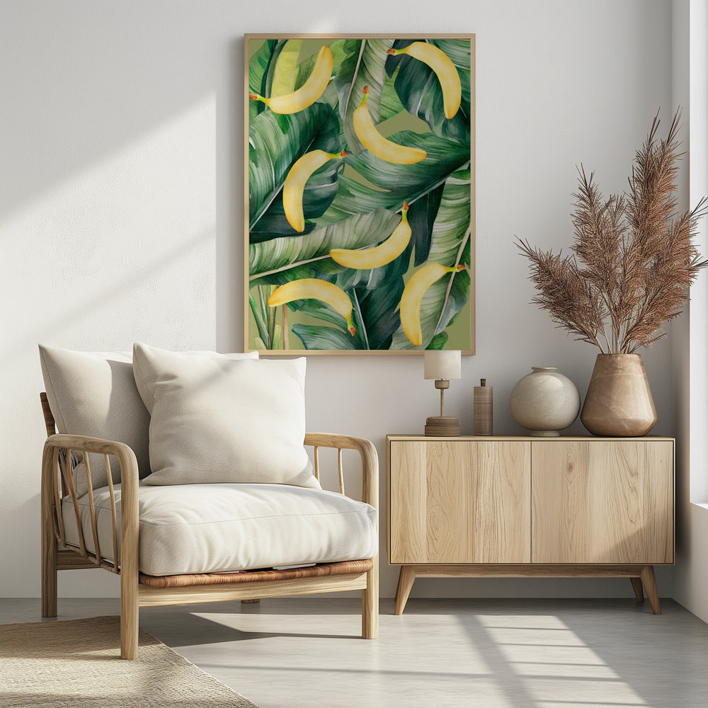 Ästhetisches Muster mit frischen Bananen und üppigen tropischen Blättern – natürliches Aquarelldesign | Poster