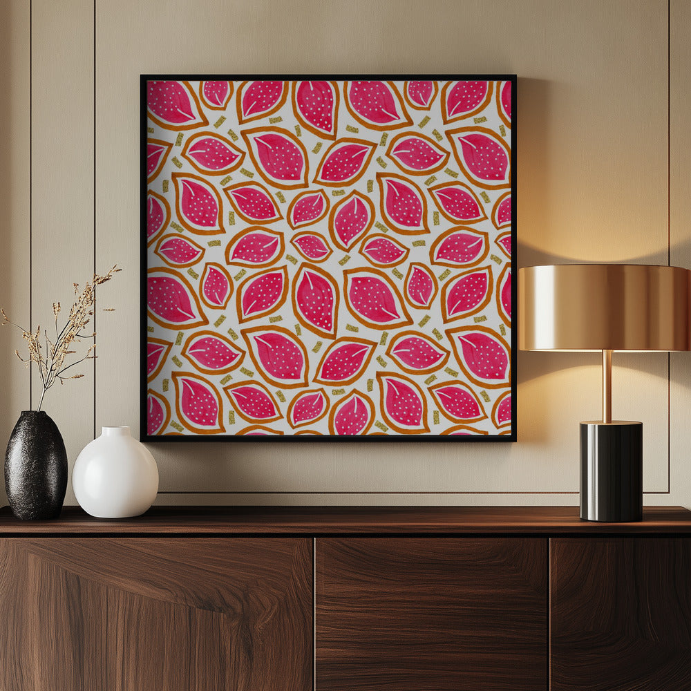 Coral Glitter Scattered Leaves Polka Dot | Poster