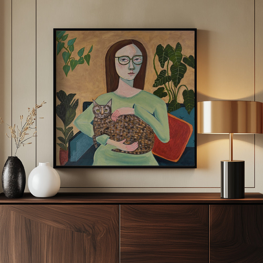 Dame mit ihrer Katze im Wohnzimmer | Poster