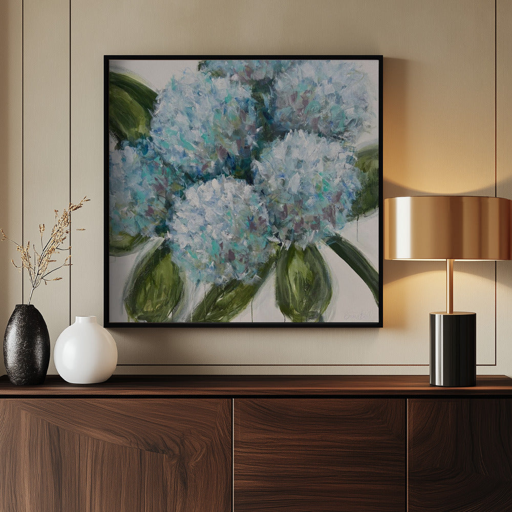 Blaue Hortensien mit grünen Blättern | Poster