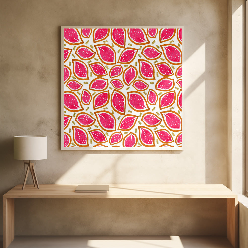 Coral Glitter Scattered Leaves Polka Dot | Poster