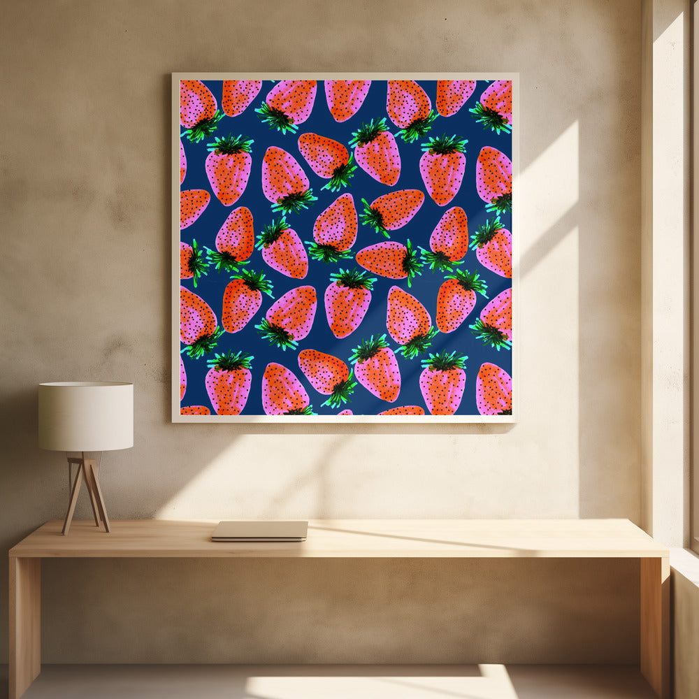 Roter Lavendel auf dunkelblauen Erdbeeren | Poster