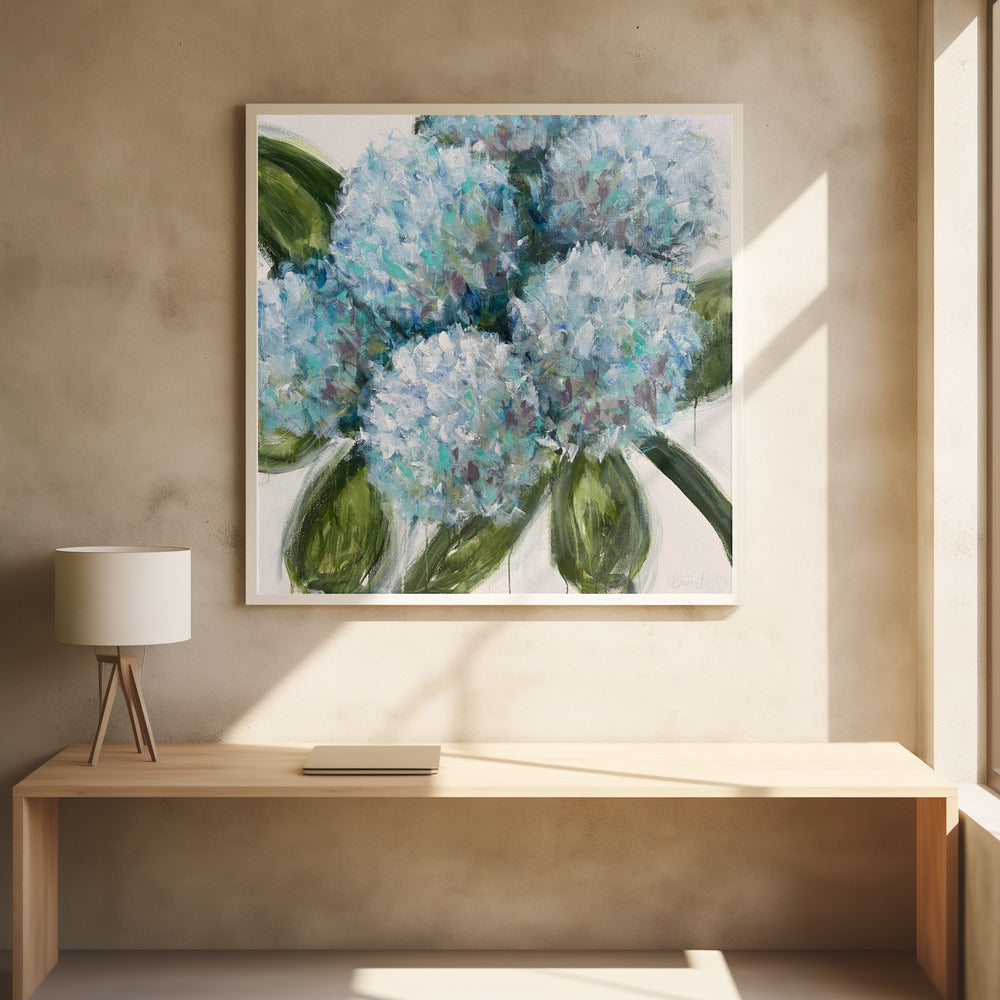 Blaue Hortensien mit grünen Blättern | Poster