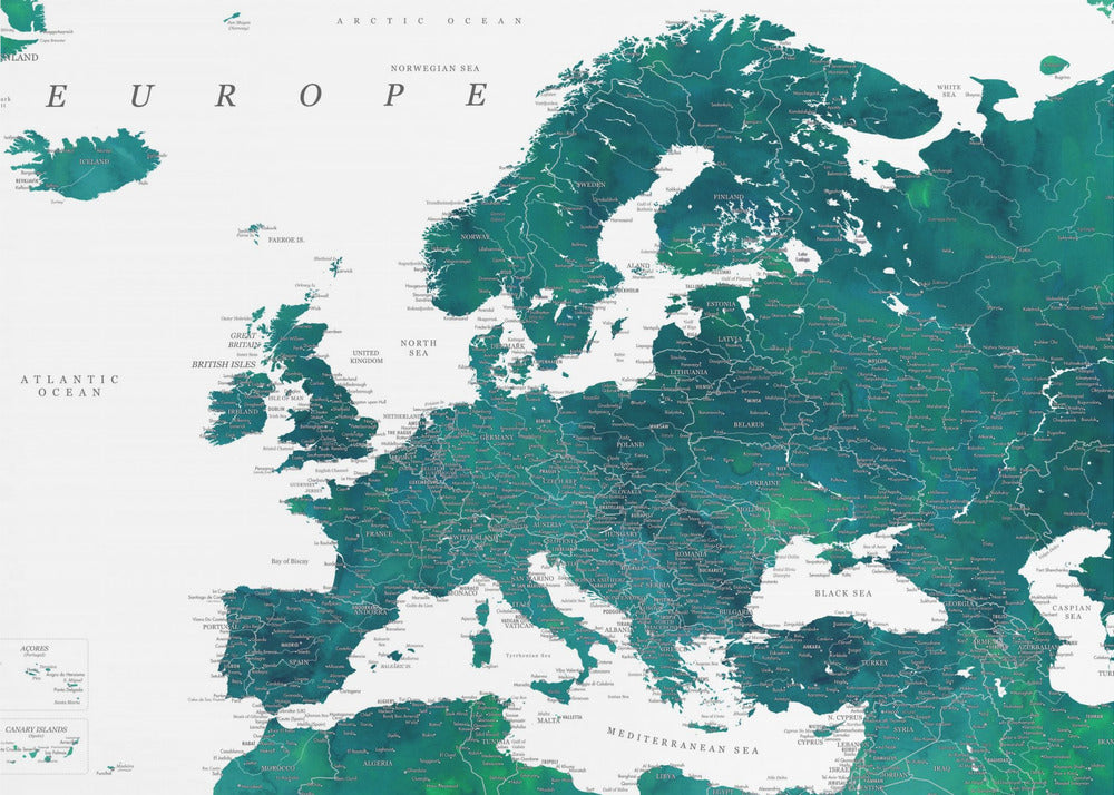 Blaugrüne detaillierte Europakarte | Leinwand