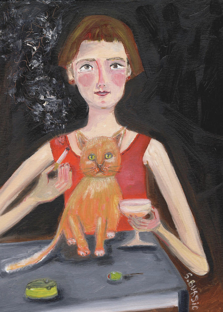 Vintage Frau mit Cocktail und Katze | Leinwand
