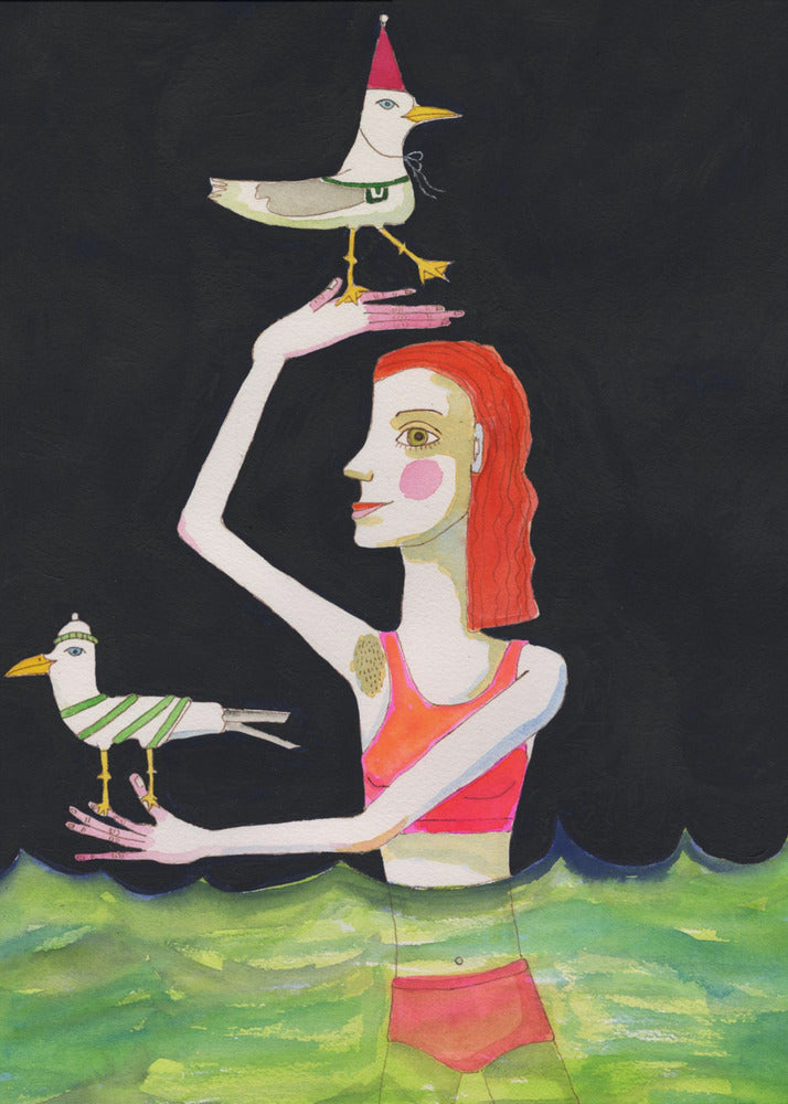 Swimming Lady with birds | Canvas
