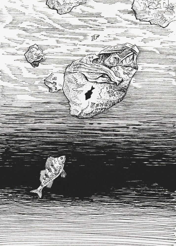Midless. Ein Fisch im Plastikmeer. Tuschezeichnung. | Leinwand