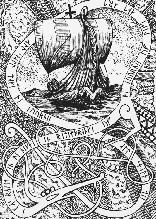 Die Reise. Wikinger-Tuschezeichnung. | Leinwand