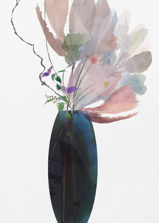 Blush Pink Blumen in blauer Glasvase | Leinwand