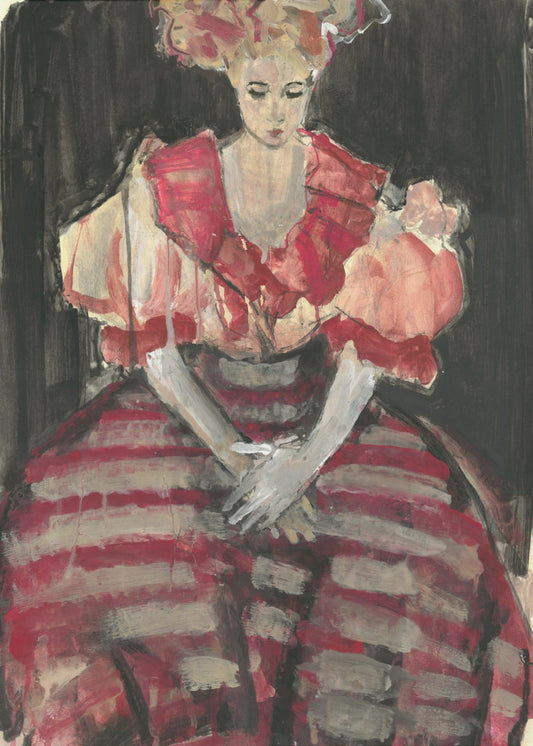 Frau in einem fließenden rot gestreiften Kleid | Poster