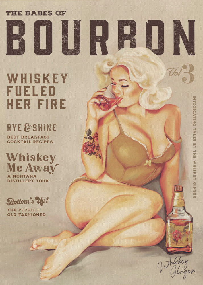 Bourbon Wandkunst. Sexy Vintage Pin-Up-Girl trinkt Whiskey | Leinwand