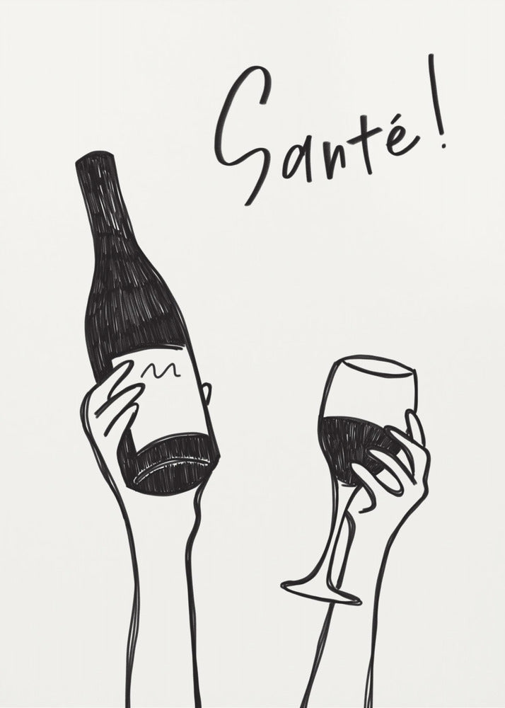 Hände halten eine Weinflasche und ein Weinglas mit dem Text „Prost!“ auf Französisch | Leinwand