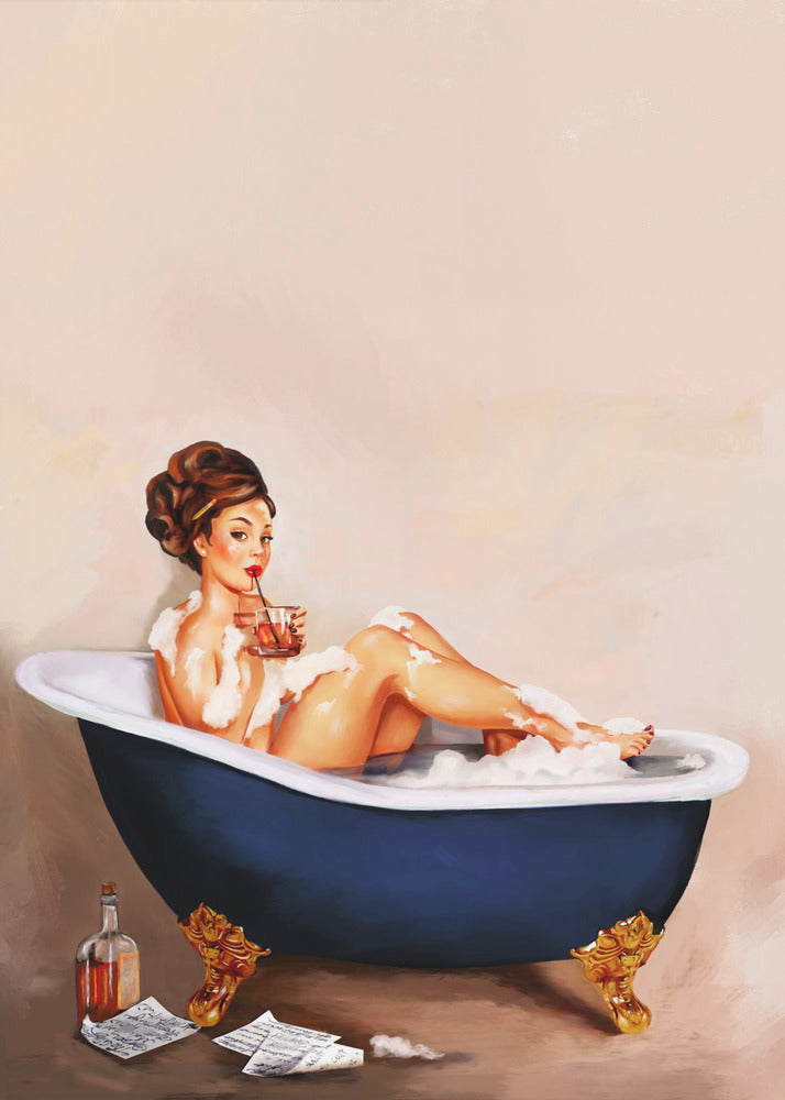 Badewannengetränke: Pinup-Girl trinkt im Badezimmer | Poster