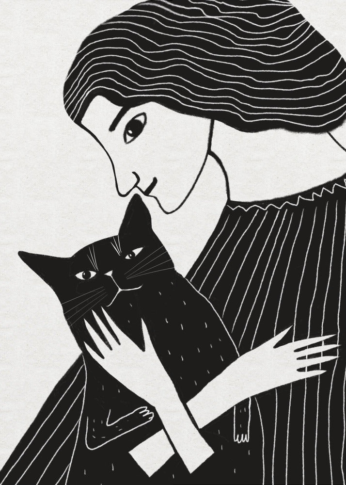 Cat Lady with Black Cat | Canvas