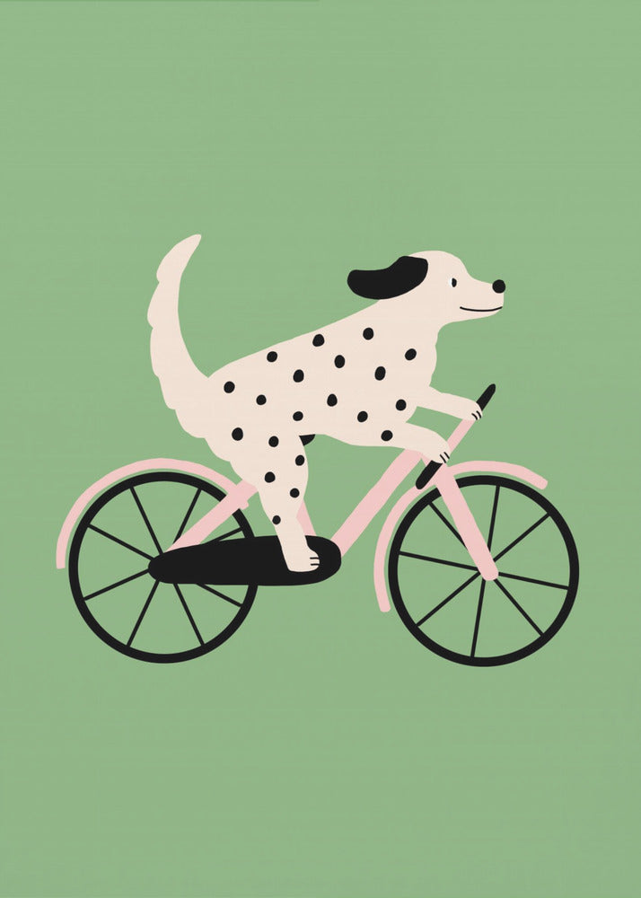 Gefleckter Hund beim Fahrradfahren | Leinwand