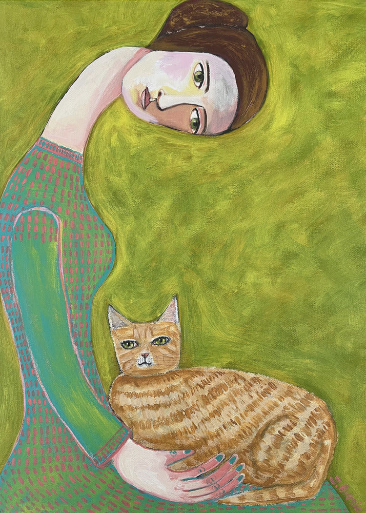 Bent Neck Lady mit ihrer geliebten roten Katze. | Leinwand