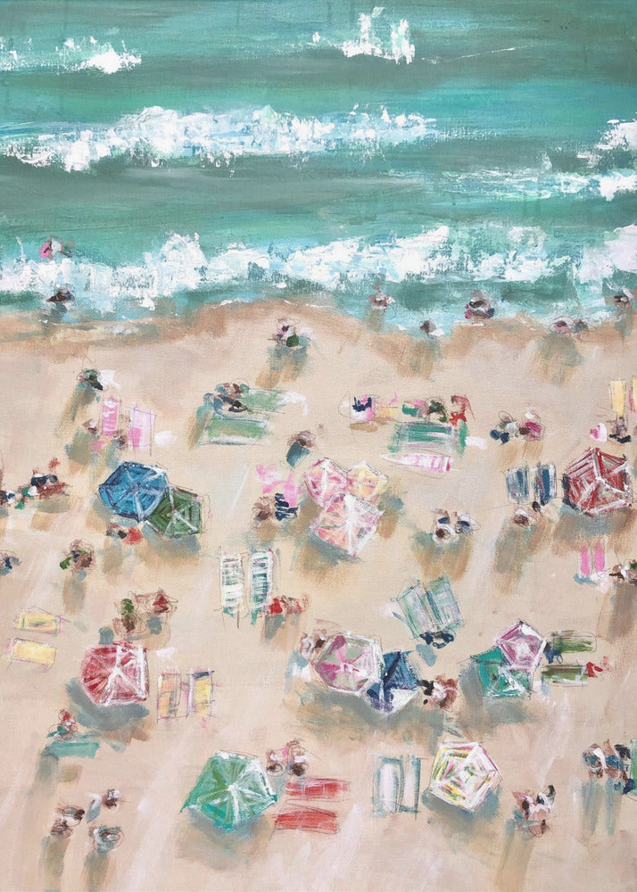 Bunte Sonnenschirme und Sonnenanbeter an einem Sandstrand | Leinwand