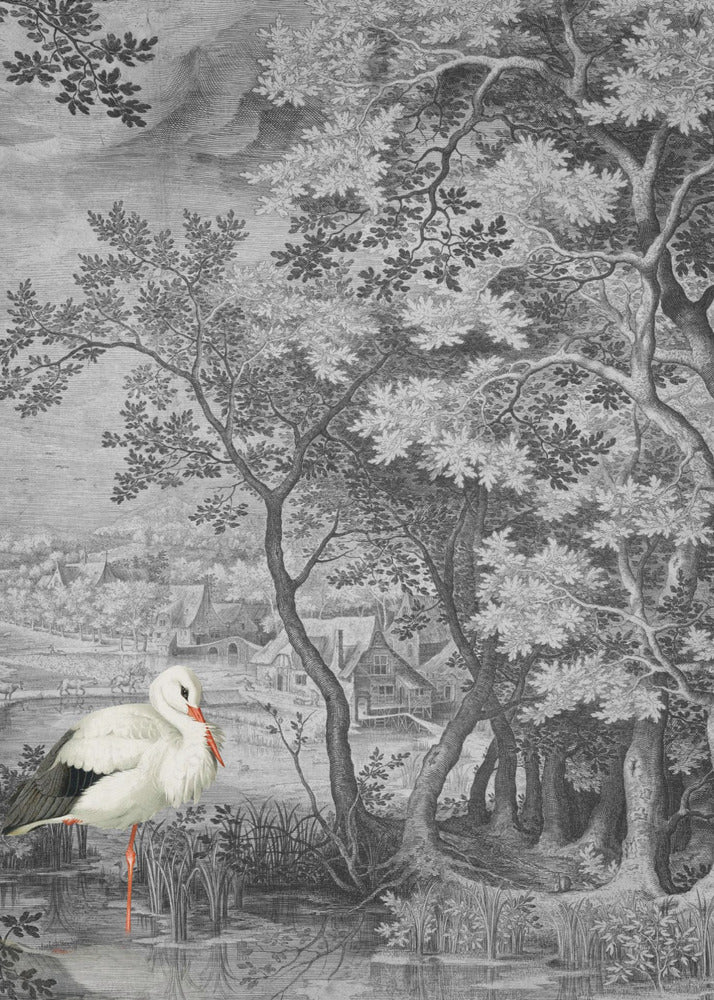 Vintage Landschaft mit Storch | Leinwand
