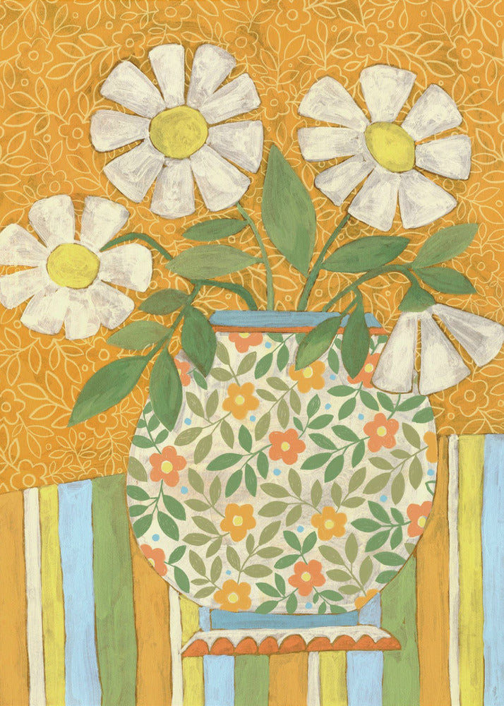 Weiße Gänseblümchen in einer gemusterten Vase | Poster