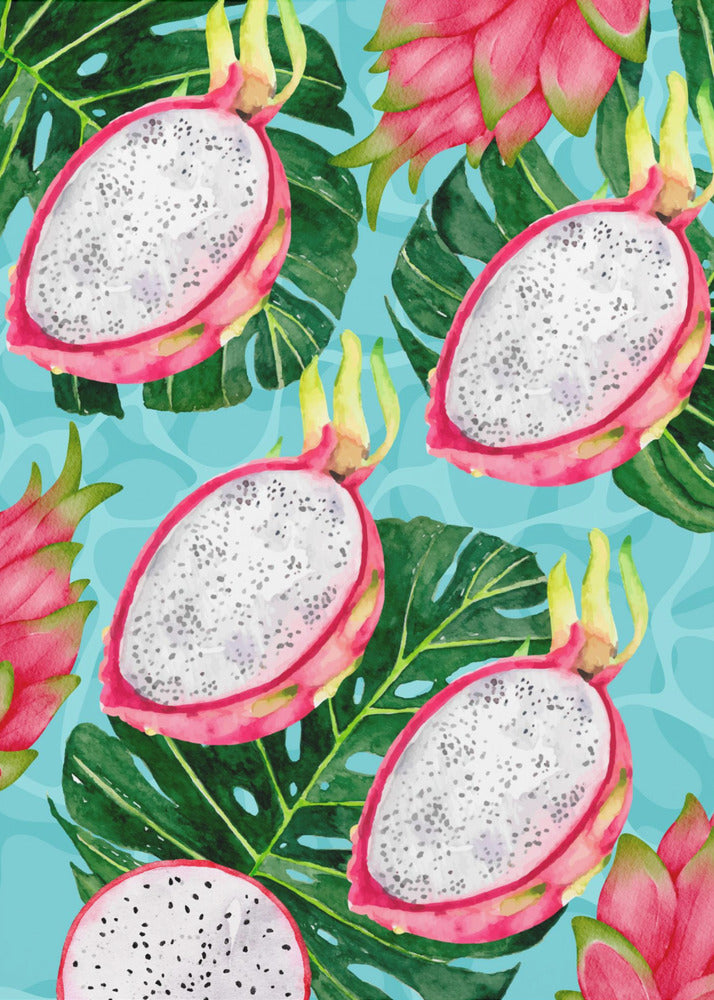 Lebendiges ästhetisches Muster aus Drachenfrucht und Monstera-Blättern – Exotisches tropisches Aquarell | Leinwand