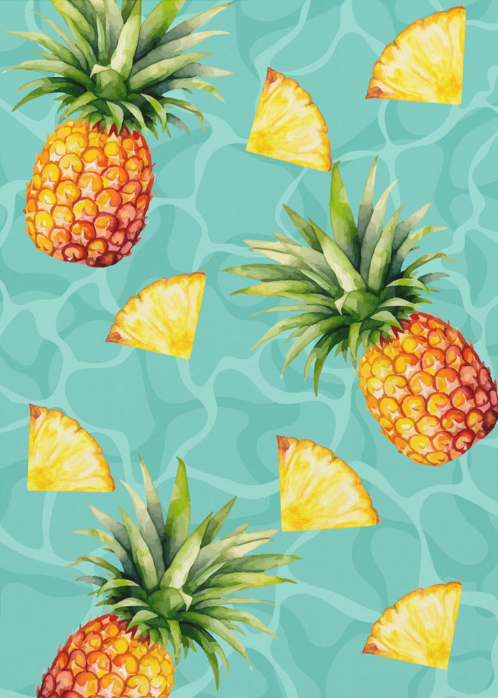 Exotisches Ananas- und Ananasscheiben-Muster – Tropisches Sommer-Aquarell | Leinwand