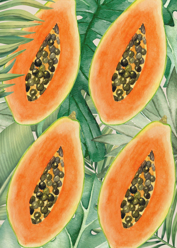 Ästhetisches Muster mit exotischer Papaya und üppigen grünen Blättern – Tropisches botanisches Aquarell | Leinwand
