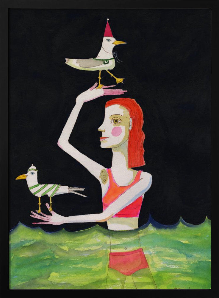 Schwimmende Dame mit Vögeln | Poster