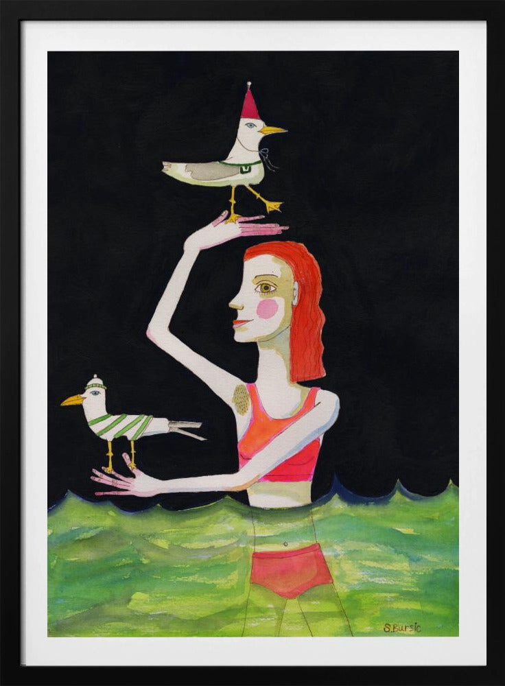 Schwimmende Dame mit Vögeln | Poster