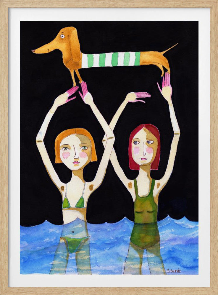 Swimming Girls with Sausage Dog | Poster
