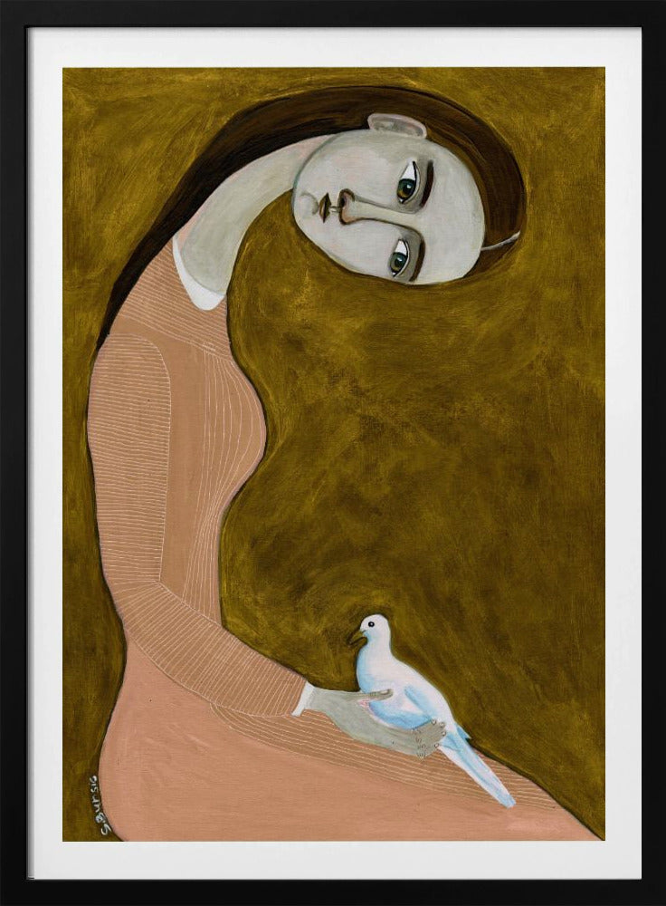 Mädchen mit Taube sitzend im rosa Kleid | Poster
