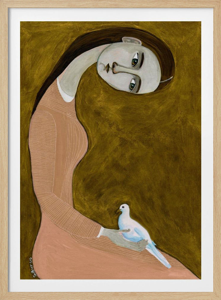 Mädchen mit Taube sitzend im rosa Kleid | Poster