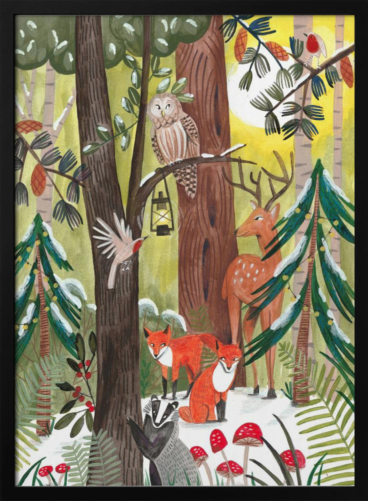 Grüner Weihnachtswald mit Tieren | Poster