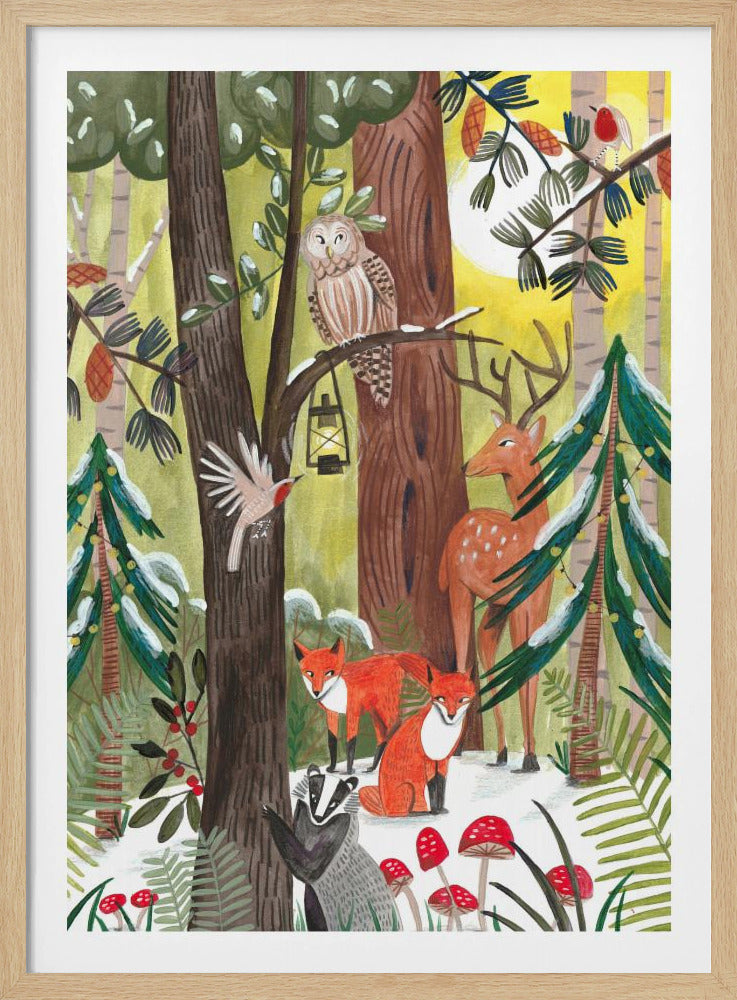 Grüner Weihnachtswald mit Tieren | Poster