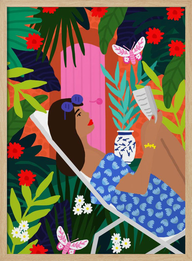 Sonnenbadendes Mädchen mit Blumenmuster | Poster