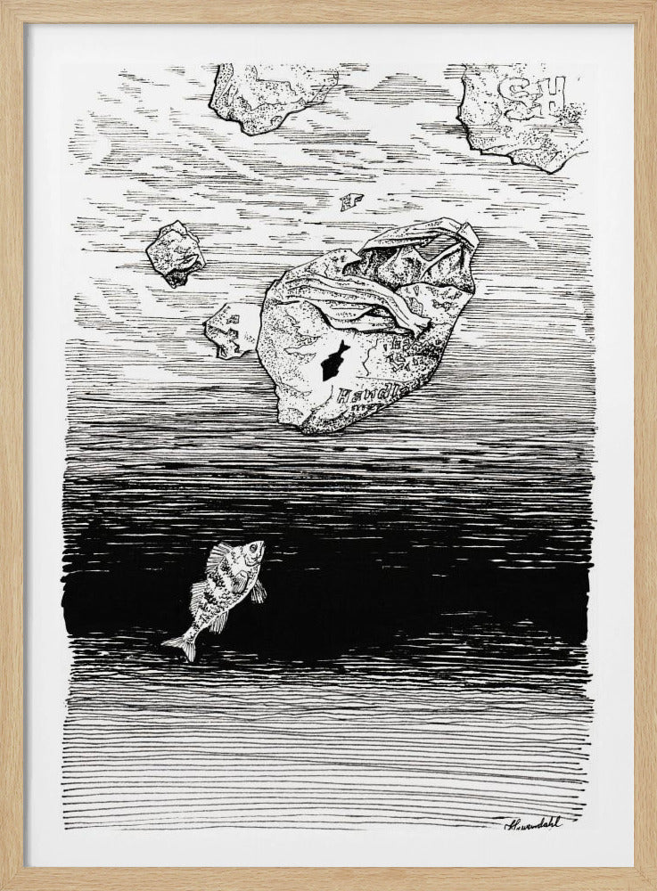 Midless. A Fish in the Plastic Sea Ink Drawing. | Poster
