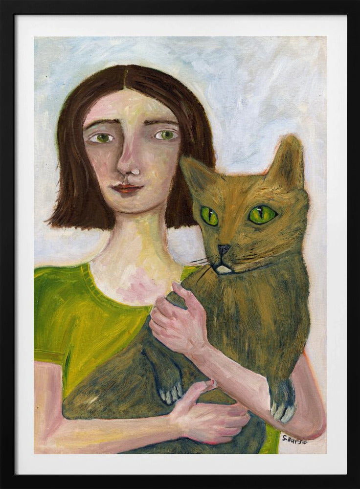 Katzendame mit grünlicher Katze | Poster