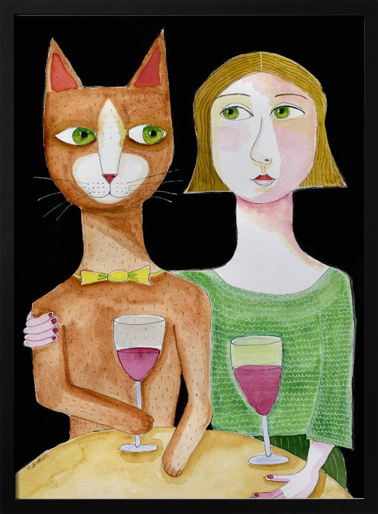 Beste Freunde Katze und Dame trinken Wein | Poster
