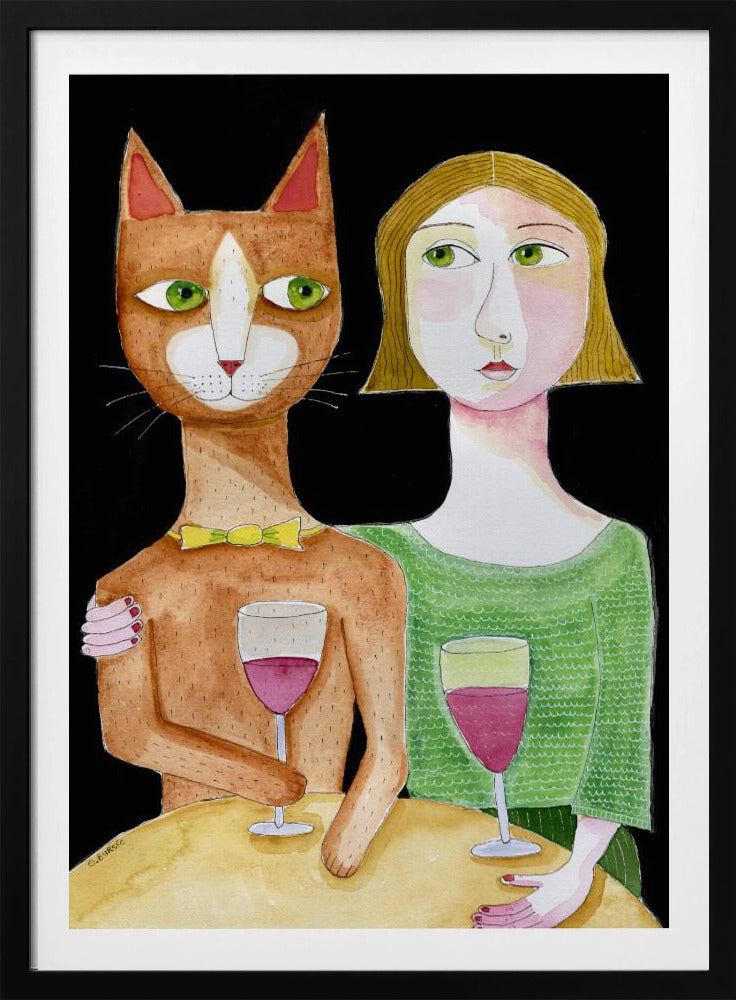 Beste Freunde Katze und Dame trinken Wein | Poster