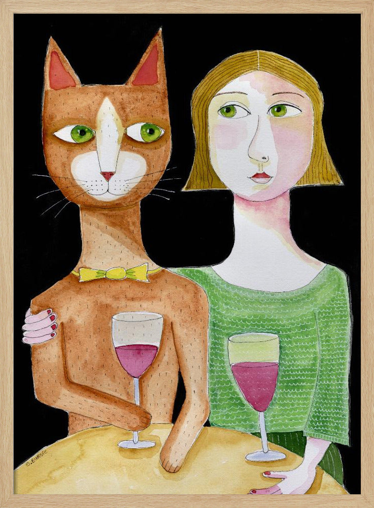 Beste Freunde Katze und Dame trinken Wein | Poster