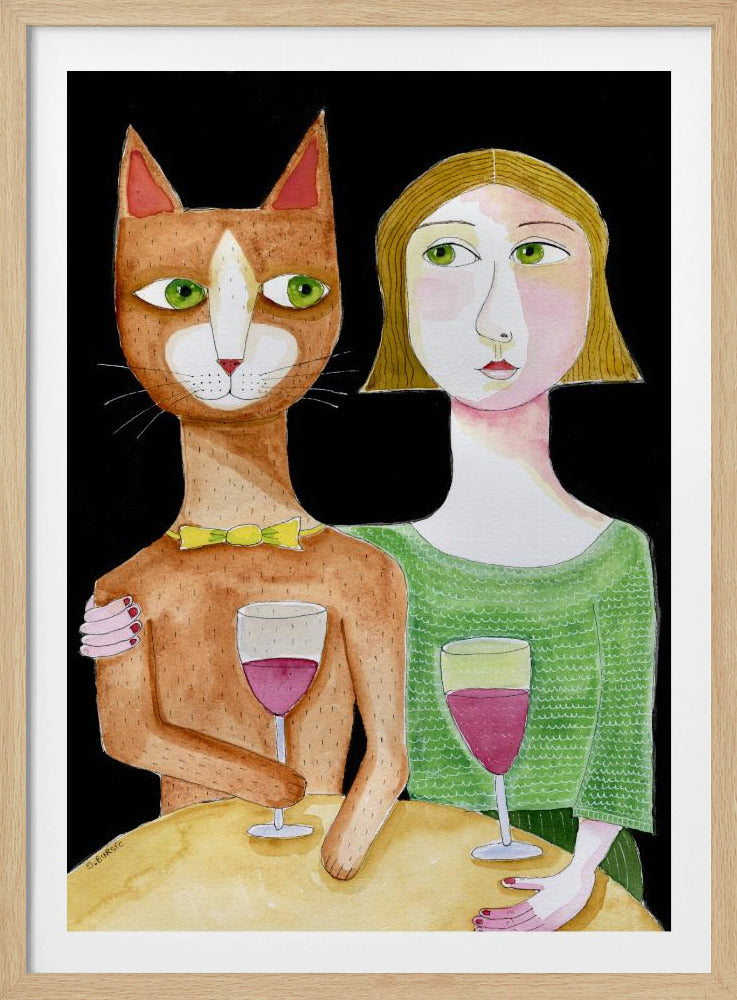 Beste Freunde Katze und Dame trinken Wein | Poster