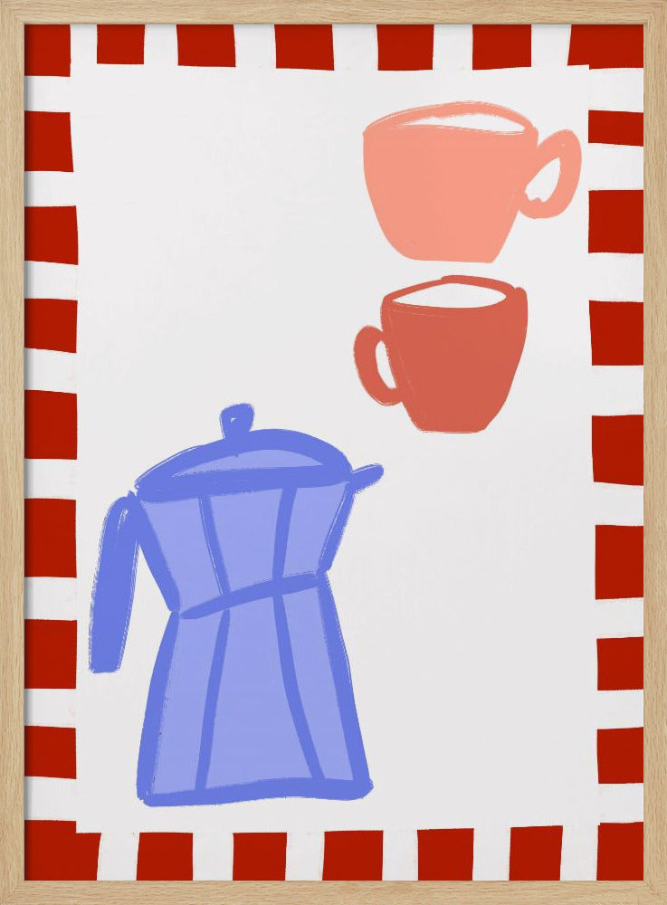 Minimalist Blue Coffee Pot and Two Pink Cups | Poster