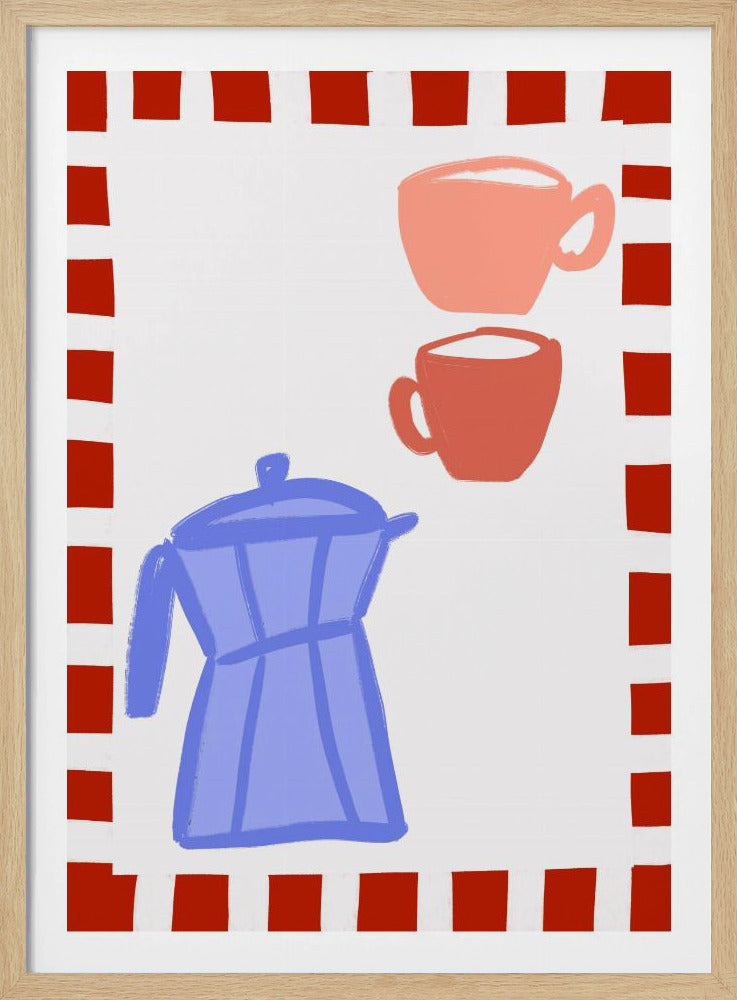 Minimalist Blue Coffee Pot and Two Pink Cups | Poster
