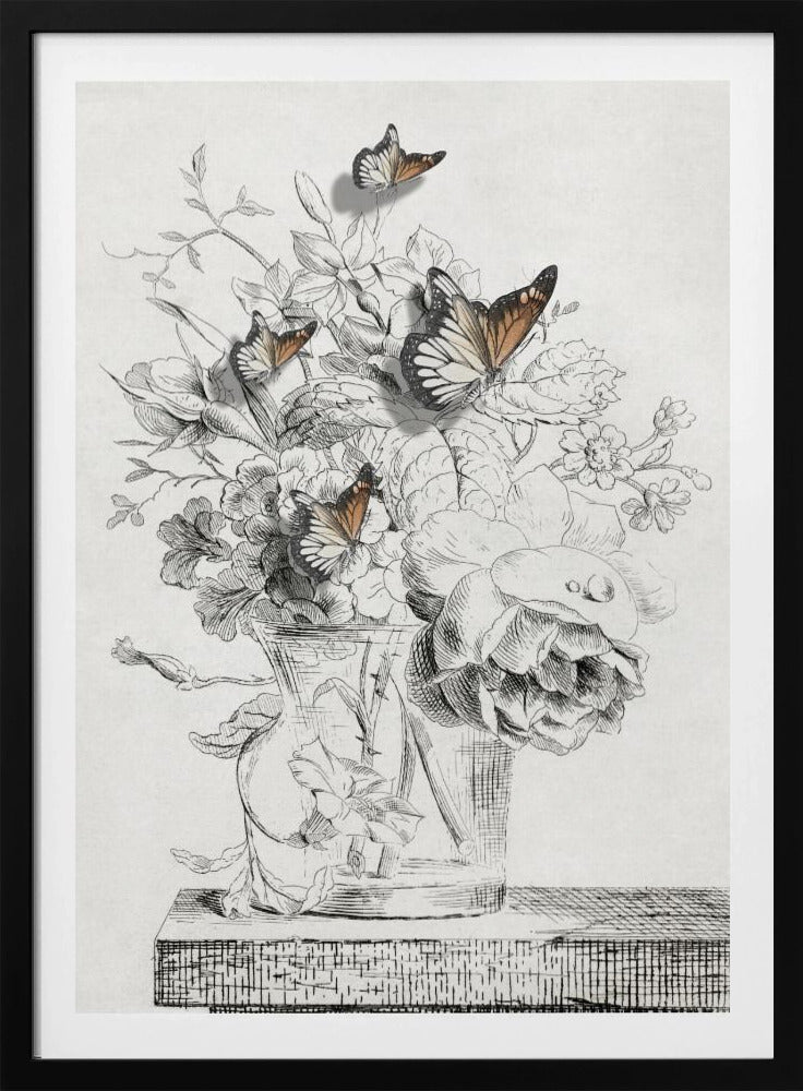 Die Schmetterlinge und die Vase mit Blumen | Poster
