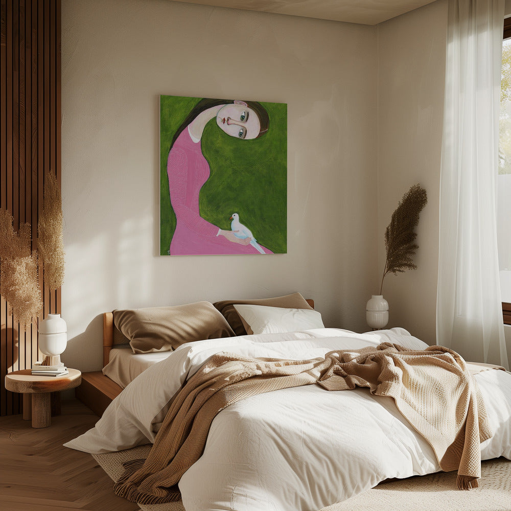 Mädchen mit Taube sitzend mit rosa Kleid | Leinwand