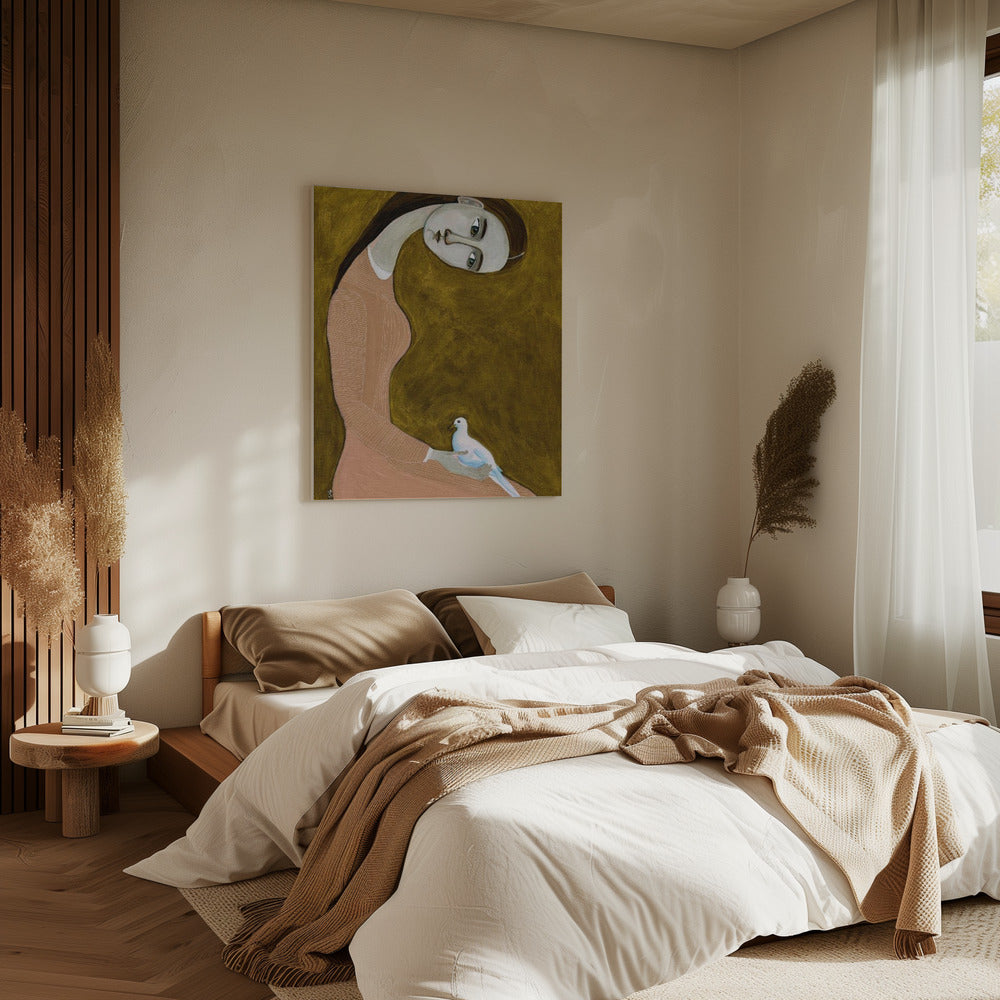 Mädchen mit Taube sitzend mit rosa Kleid | Leinwand