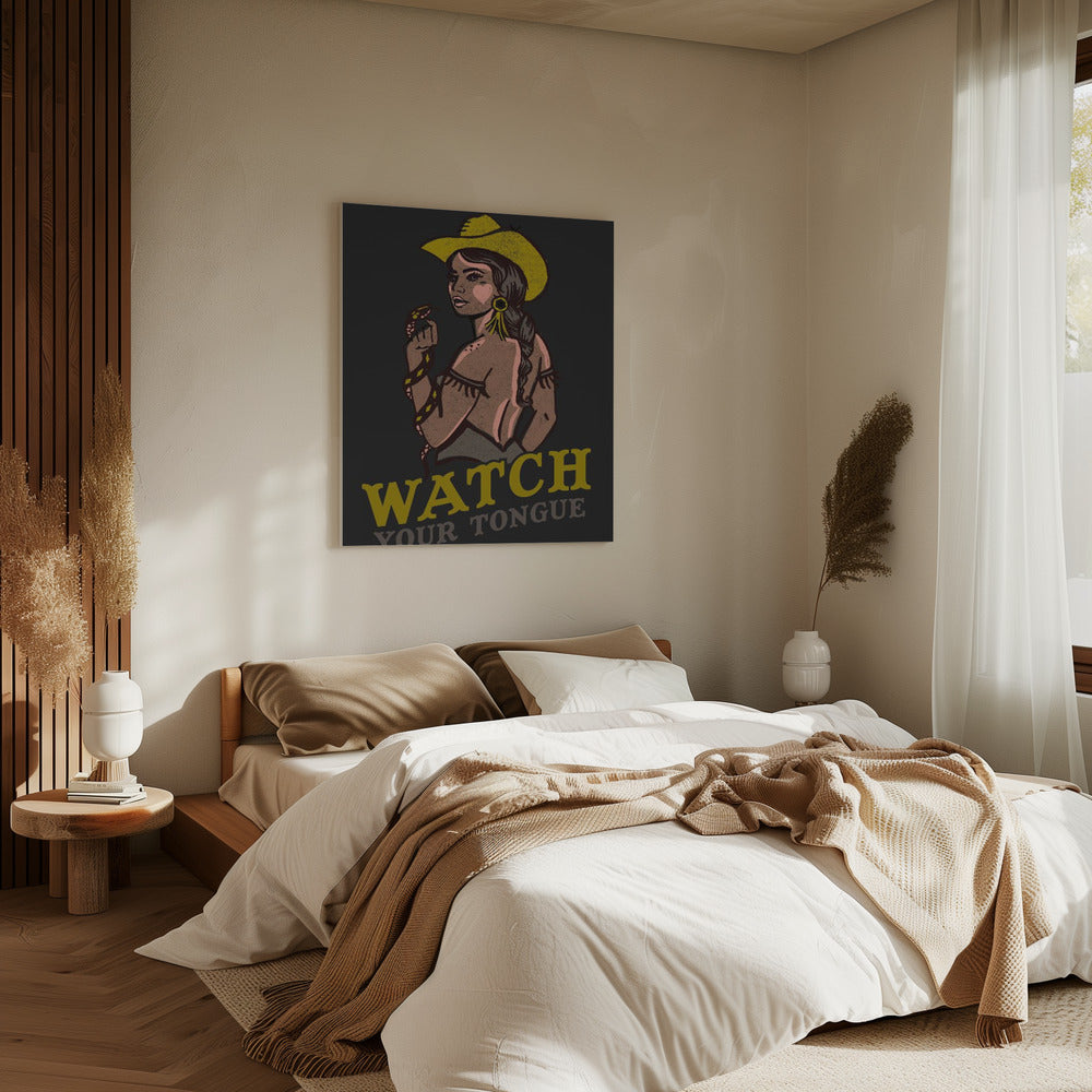 Pass auf deine Zunge auf Badass Pin-Up Cowgirl &amp; Klapperschlange | Leinwand