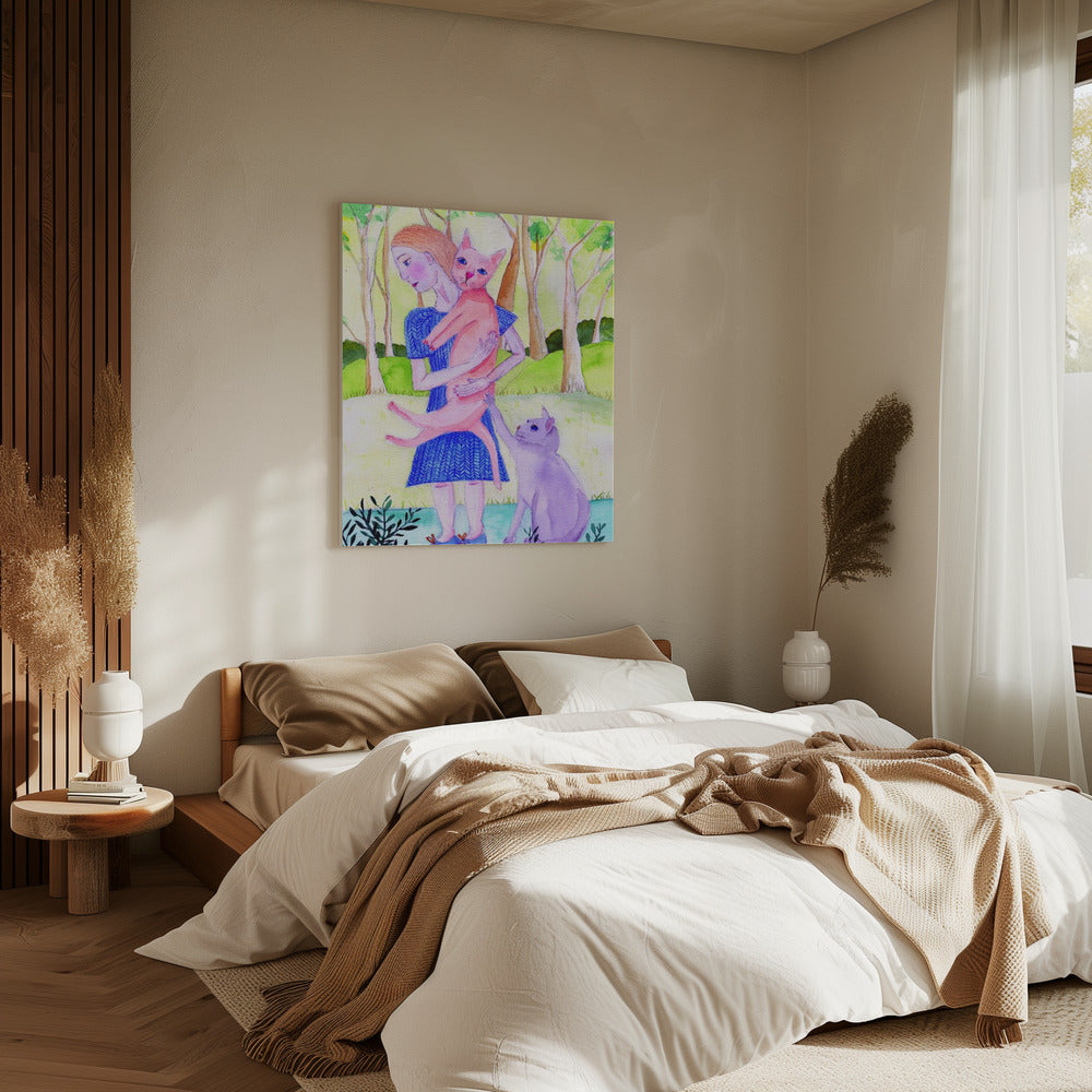 Dame mit der rosa-blauen Katze. | Leinwand