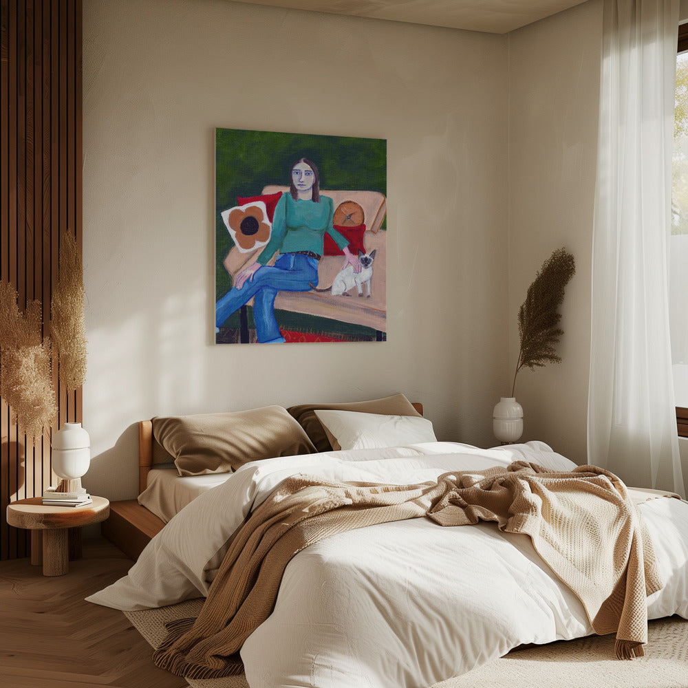Dame sitzt mit Siamkatze | Leinwand